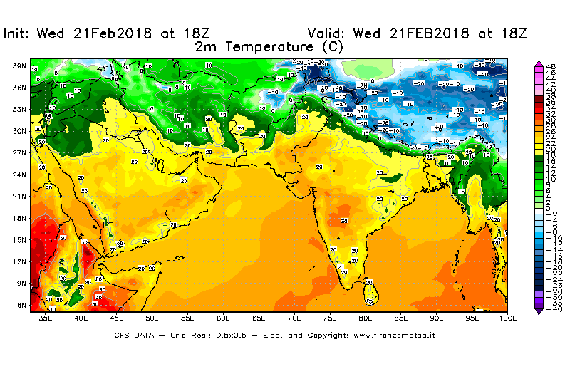 Mappa di analisi GFS - Temperatura a 2 metri dal suolo [°C] in Asia Sud-Occidentale
							del 21/02/2018 18 <!--googleoff: index-->UTC<!--googleon: index-->