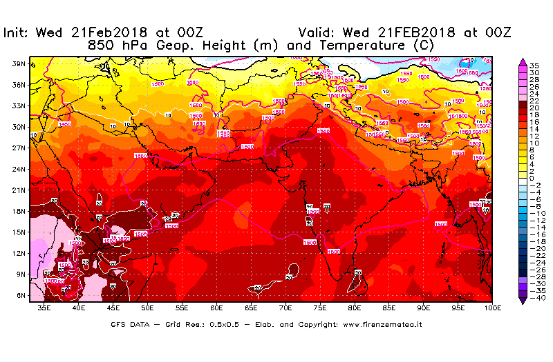 Mappa di analisi GFS - Geopotenziale [m] e Temperatura [°C] a 850 hPa in Asia Sud-Occidentale
									del 21/02/2018 00 <!--googleoff: index-->UTC<!--googleon: index-->