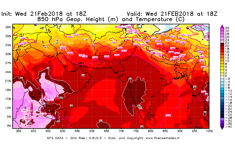 Mappa di analisi GFS - Geopotenziale [m] e Temperatura [°C] a 850 hPa in Asia Sud-Occidentale
							del 21/02/2018 18 <!--googleoff: index-->UTC<!--googleon: index-->