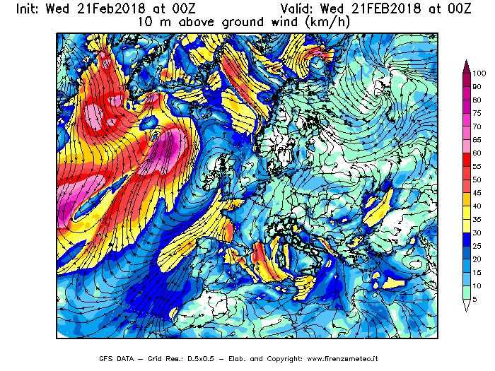 Mappa di analisi GFS - Velocità del vento a 10 metri dal suolo [km/h] in Europa
							del 21/02/2018 00 <!--googleoff: index-->UTC<!--googleon: index-->