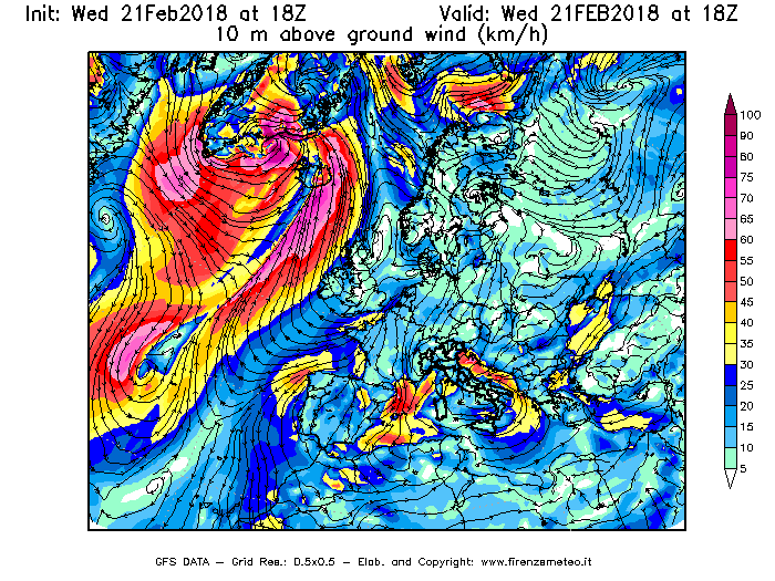 Mappa di analisi GFS - Velocità del vento a 10 metri dal suolo [km/h] in Europa
							del 21/02/2018 18 <!--googleoff: index-->UTC<!--googleon: index-->