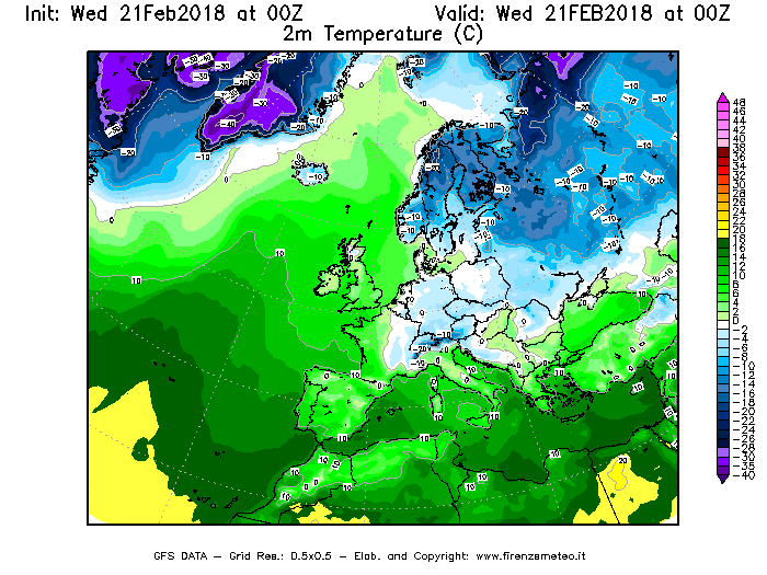 Mappa di analisi GFS - Temperatura a 2 metri dal suolo [°C] in Europa
							del 21/02/2018 00 <!--googleoff: index-->UTC<!--googleon: index-->