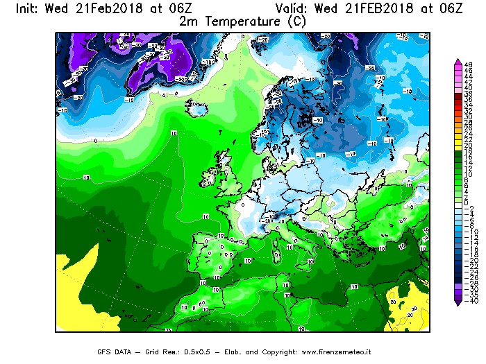Mappa di analisi GFS - Temperatura a 2 metri dal suolo [°C] in Europa
									del 21/02/2018 06 <!--googleoff: index-->UTC<!--googleon: index-->