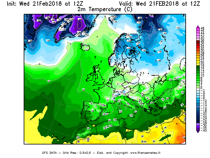 Mappa di analisi GFS - Temperatura a 2 metri dal suolo [°C] in Europa
							del 21/02/2018 12 <!--googleoff: index-->UTC<!--googleon: index-->