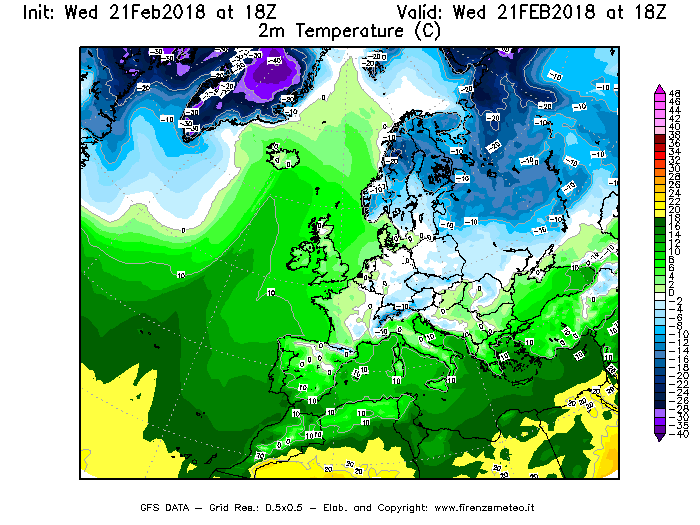 Mappa di analisi GFS - Temperatura a 2 metri dal suolo [°C] in Europa
							del 21/02/2018 18 <!--googleoff: index-->UTC<!--googleon: index-->