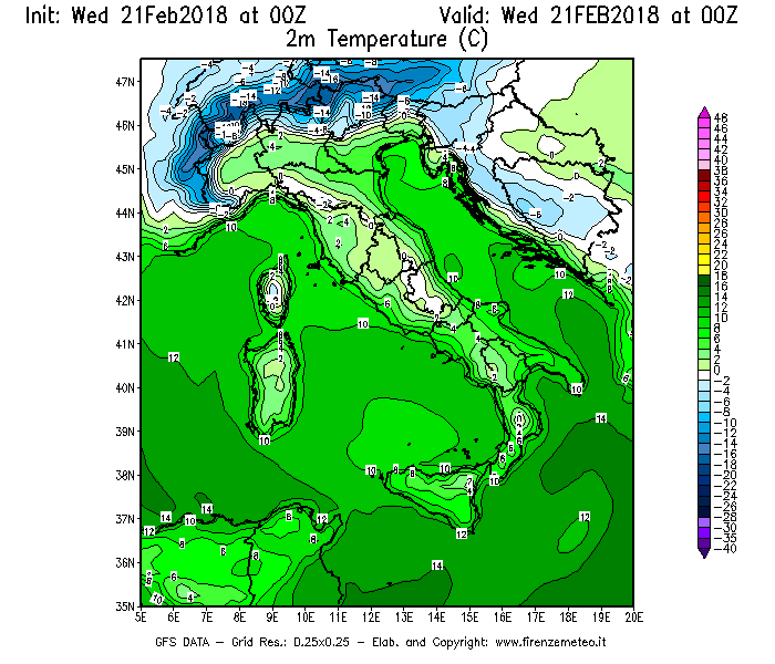 Mappa di analisi GFS - Temperatura a 2 metri dal suolo [°C] in Italia
							del 21/02/2018 00 <!--googleoff: index-->UTC<!--googleon: index-->