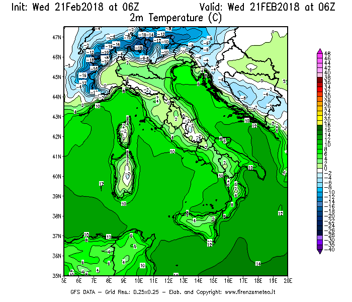 Mappa di analisi GFS - Temperatura a 2 metri dal suolo [°C] in Italia
									del 21/02/2018 06 <!--googleoff: index-->UTC<!--googleon: index-->
