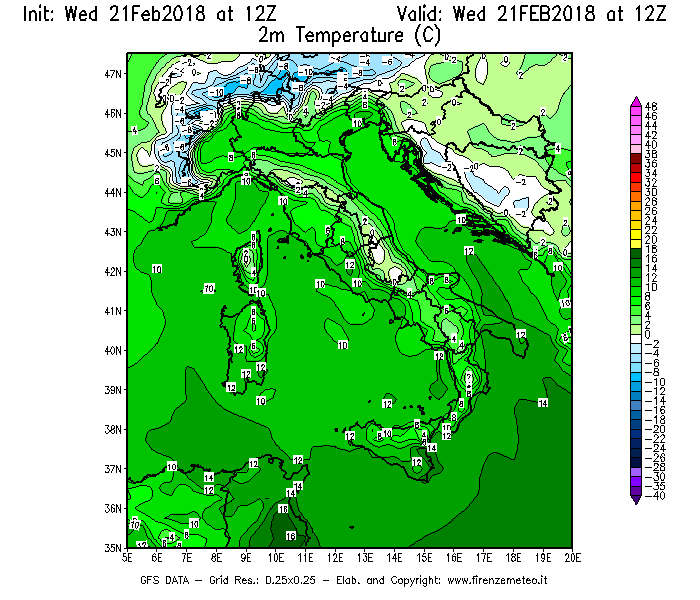 Mappa di analisi GFS - Temperatura a 2 metri dal suolo [°C] in Italia
							del 21/02/2018 12 <!--googleoff: index-->UTC<!--googleon: index-->