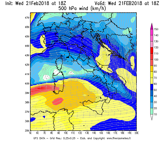 Mappa di analisi GFS - Velocità del vento a 500 hPa [km/h] in Italia
									del 21/02/2018 18 <!--googleoff: index-->UTC<!--googleon: index-->