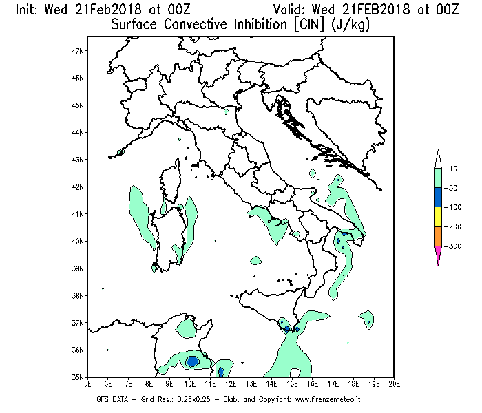 Mappa di analisi GFS - CIN [J/kg] in Italia
							del 21/02/2018 00 <!--googleoff: index-->UTC<!--googleon: index-->