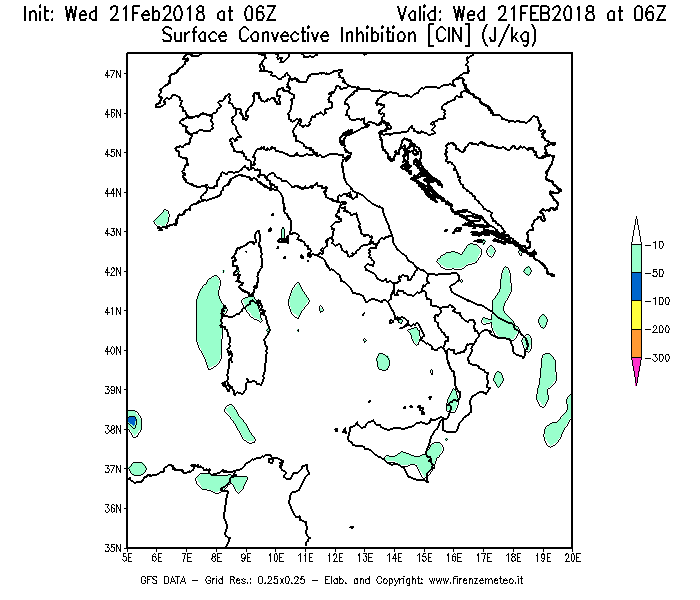 Mappa di analisi GFS - CIN [J/kg] in Italia
									del 21/02/2018 06 <!--googleoff: index-->UTC<!--googleon: index-->