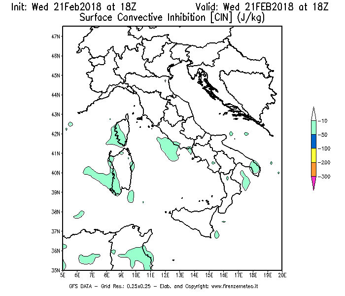 Mappa di analisi GFS - CIN [J/kg] in Italia
									del 21/02/2018 18 <!--googleoff: index-->UTC<!--googleon: index-->