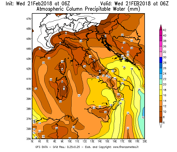 Mappa di analisi GFS - Precipitable Water [mm] in Italia
							del 21/02/2018 06 <!--googleoff: index-->UTC<!--googleon: index-->