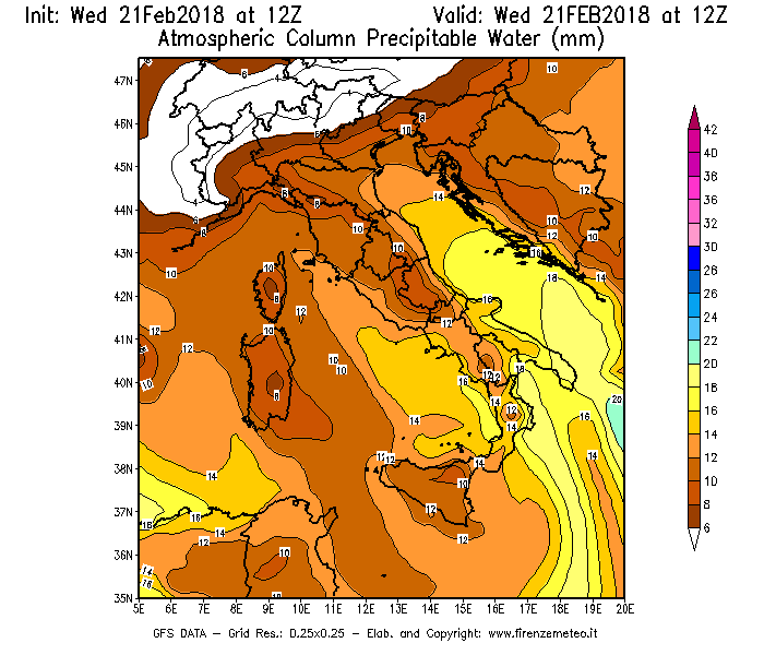 Mappa di analisi GFS - Precipitable Water [mm] in Italia
									del 21/02/2018 12 <!--googleoff: index-->UTC<!--googleon: index-->