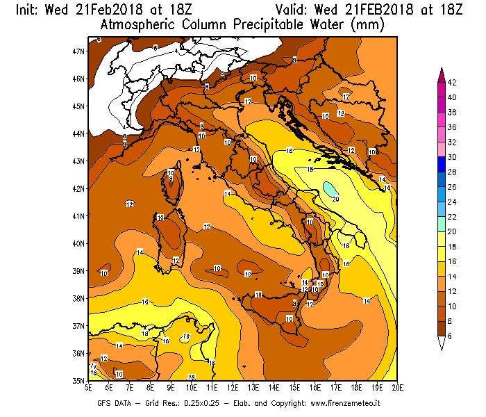 Mappa di analisi GFS - Precipitable Water [mm] in Italia
							del 21/02/2018 18 <!--googleoff: index-->UTC<!--googleon: index-->