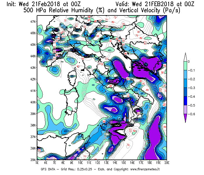 Mappa di analisi GFS - Umidità relativa [%] e Omega [Pa/s] a 500 hPa in Italia
							del 21/02/2018 00 <!--googleoff: index-->UTC<!--googleon: index-->