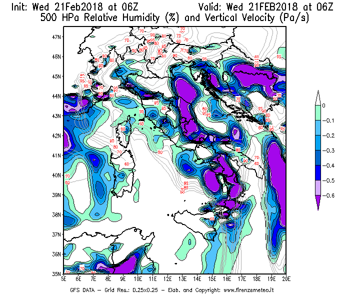 Mappa di analisi GFS - Umidità relativa [%] e Omega [Pa/s] a 500 hPa in Italia
							del 21/02/2018 06 <!--googleoff: index-->UTC<!--googleon: index-->