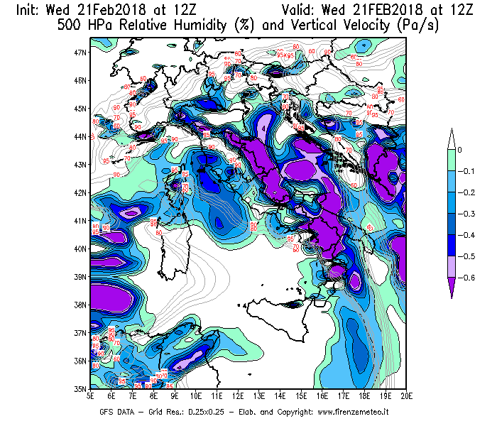 Mappa di analisi GFS - Umidità relativa [%] e Omega [Pa/s] a 500 hPa in Italia
									del 21/02/2018 12 <!--googleoff: index-->UTC<!--googleon: index-->
