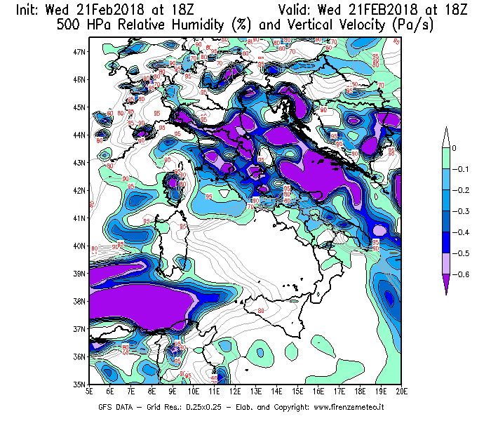 Mappa di analisi GFS - Umidità relativa [%] e Omega [Pa/s] a 500 hPa in Italia
									del 21/02/2018 18 <!--googleoff: index-->UTC<!--googleon: index-->
