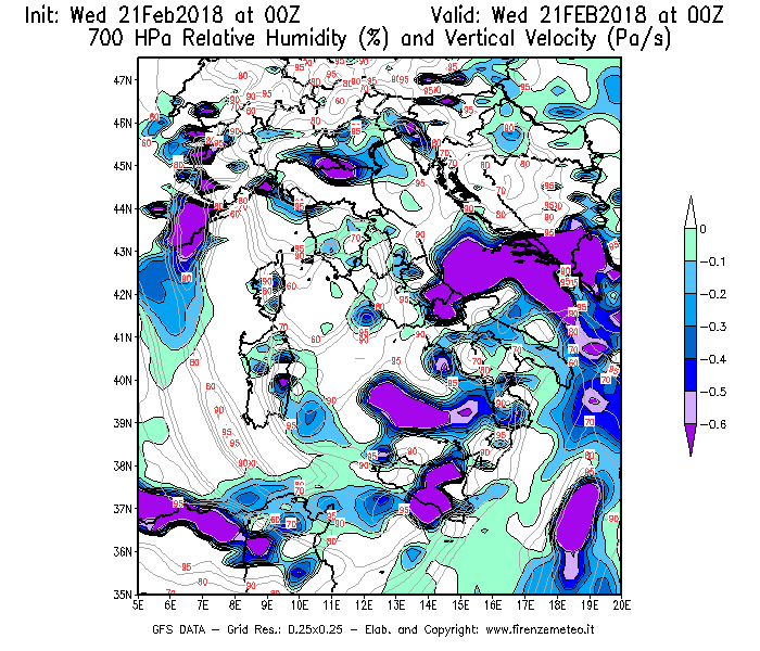 Mappa di analisi GFS - Umidità relativa [%] e Omega [Pa/s] a 700 hPa in Italia
									del 21/02/2018 00 <!--googleoff: index-->UTC<!--googleon: index-->