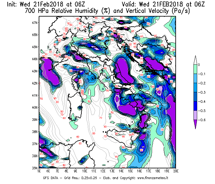 Mappa di analisi GFS - Umidità relativa [%] e Omega [Pa/s] a 700 hPa in Italia
									del 21/02/2018 06 <!--googleoff: index-->UTC<!--googleon: index-->