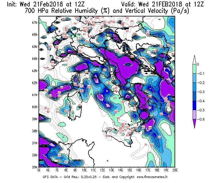 Mappa di analisi GFS - Umidità relativa [%] e Omega [Pa/s] a 700 hPa in Italia
									del 21/02/2018 12 <!--googleoff: index-->UTC<!--googleon: index-->
