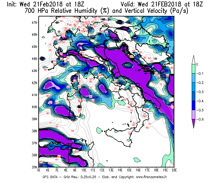 Mappa di analisi GFS - Umidità relativa [%] e Omega [Pa/s] a 700 hPa in Italia
									del 21/02/2018 18 <!--googleoff: index-->UTC<!--googleon: index-->