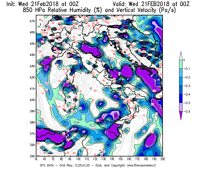 Mappa di analisi GFS - Umidità relativa [%] e Omega [Pa/s] a 850 hPa in Italia
							del 21/02/2018 00 <!--googleoff: index-->UTC<!--googleon: index-->