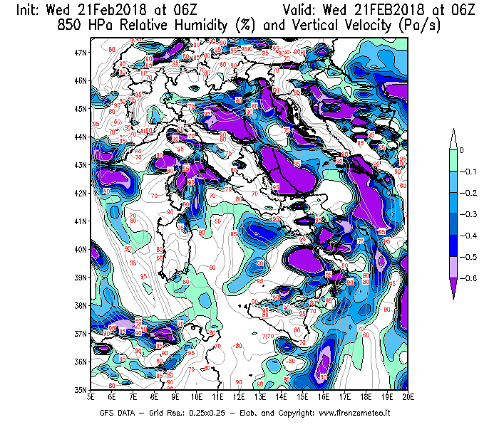 Mappa di analisi GFS - Umidità relativa [%] e Omega [Pa/s] a 850 hPa in Italia
							del 21/02/2018 06 <!--googleoff: index-->UTC<!--googleon: index-->