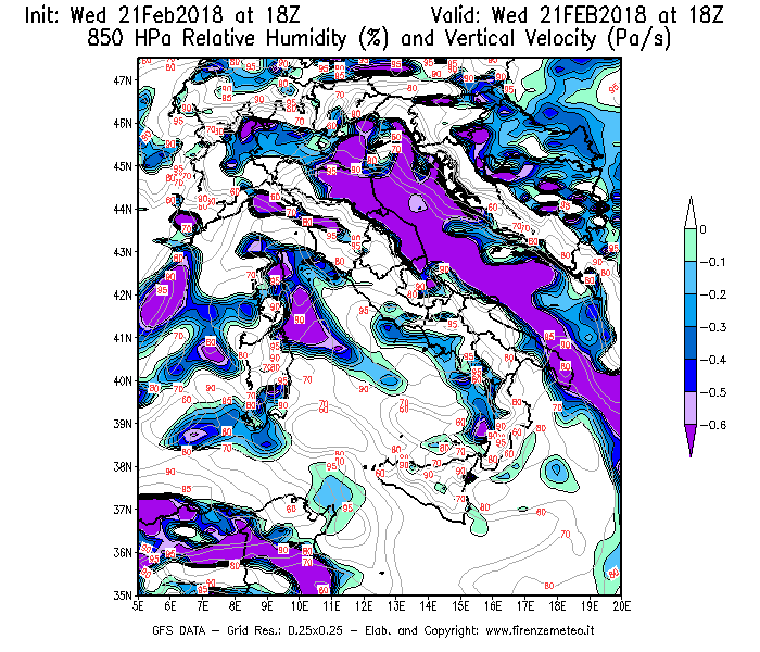 Mappa di analisi GFS - Umidità relativa [%] e Omega [Pa/s] a 850 hPa in Italia
							del 21/02/2018 18 <!--googleoff: index-->UTC<!--googleon: index-->
