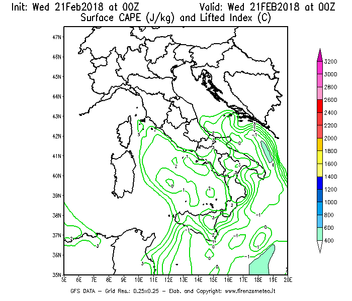 Mappa di analisi GFS - CAPE [J/kg] e Lifted Index [°C] in Italia
							del 21/02/2018 00 <!--googleoff: index-->UTC<!--googleon: index-->