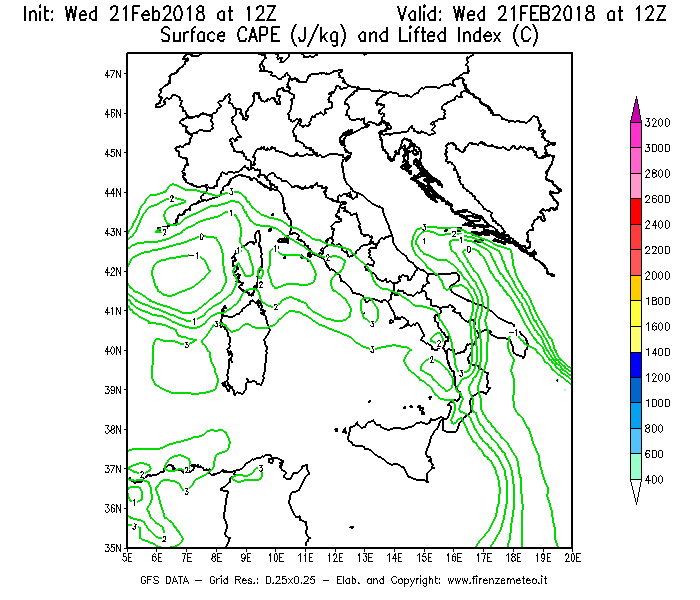 Mappa di analisi GFS - CAPE [J/kg] e Lifted Index [°C] in Italia
							del 21/02/2018 12 <!--googleoff: index-->UTC<!--googleon: index-->