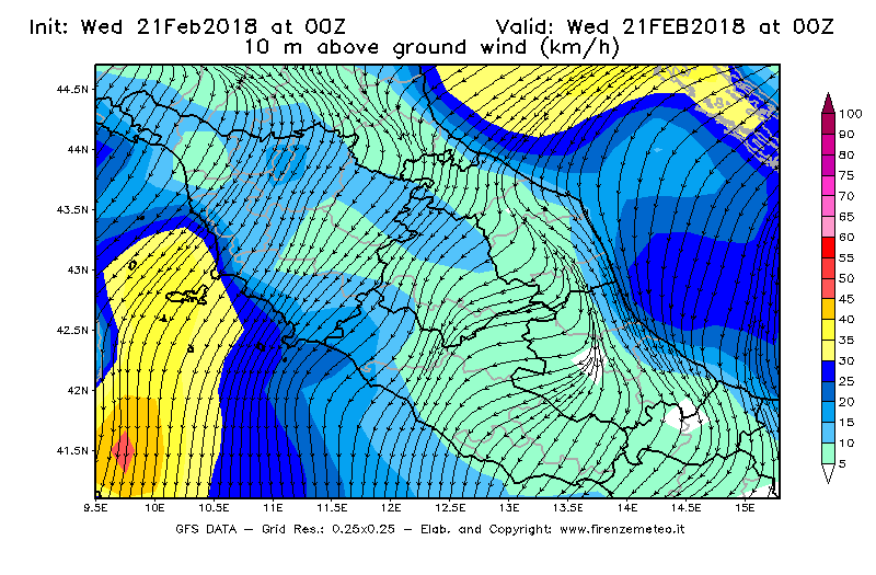 Mappa di analisi GFS - Velocità del vento a 10 metri dal suolo [km/h] in Centro-Italia
							del 21/02/2018 00 <!--googleoff: index-->UTC<!--googleon: index-->