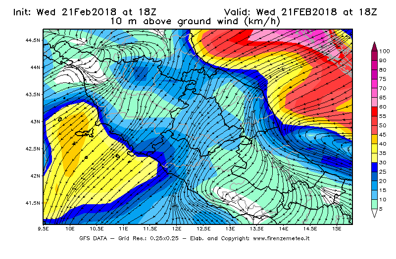 Mappa di analisi GFS - Velocità del vento a 10 metri dal suolo [km/h] in Centro-Italia
									del 21/02/2018 18 <!--googleoff: index-->UTC<!--googleon: index-->