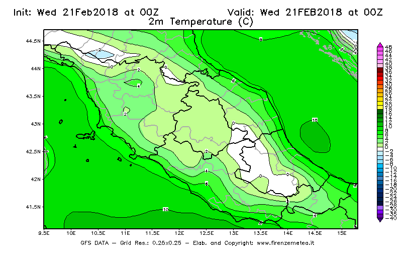 Mappa di analisi GFS - Temperatura a 2 metri dal suolo [°C] in Centro-Italia
							del 21/02/2018 00 <!--googleoff: index-->UTC<!--googleon: index-->