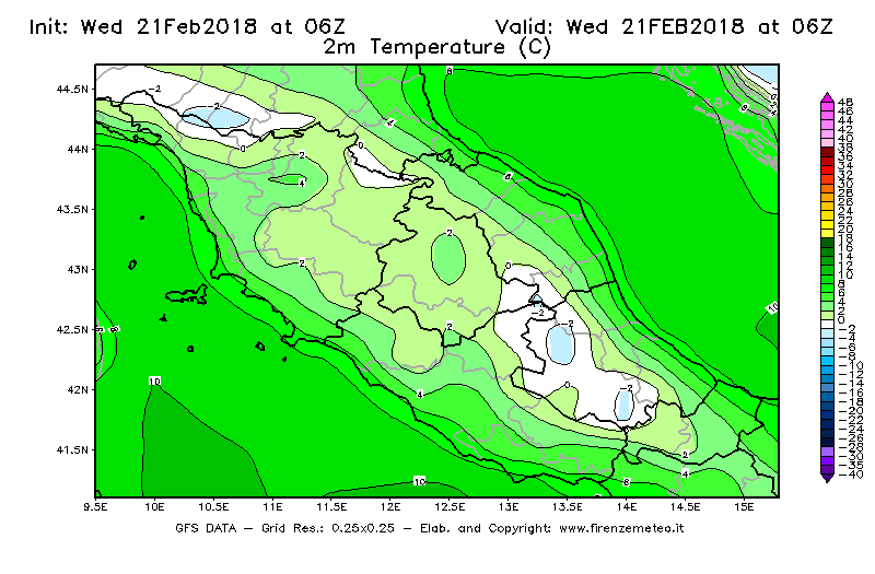 Mappa di analisi GFS - Temperatura a 2 metri dal suolo [°C] in Centro-Italia
							del 21/02/2018 06 <!--googleoff: index-->UTC<!--googleon: index-->