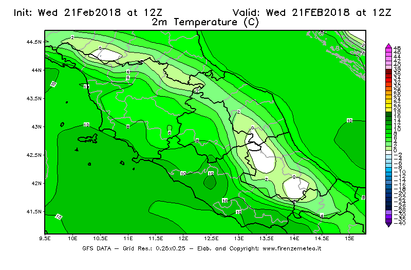 Mappa di analisi GFS - Temperatura a 2 metri dal suolo [°C] in Centro-Italia
									del 21/02/2018 12 <!--googleoff: index-->UTC<!--googleon: index-->