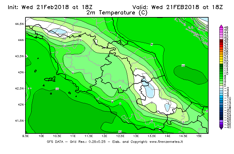 Mappa di analisi GFS - Temperatura a 2 metri dal suolo [°C] in Centro-Italia
									del 21/02/2018 18 <!--googleoff: index-->UTC<!--googleon: index-->