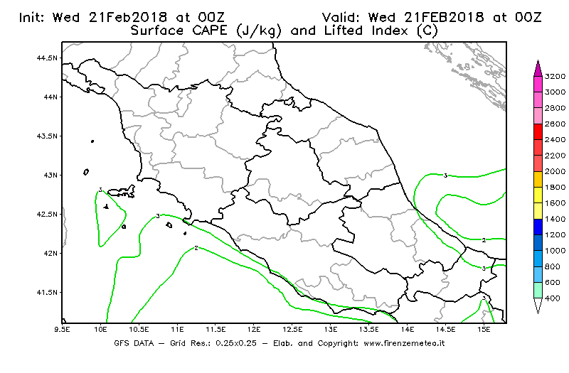 Mappa di analisi GFS - CAPE [J/kg] e Lifted Index [°C] in Centro-Italia
									del 21/02/2018 00 <!--googleoff: index-->UTC<!--googleon: index-->
