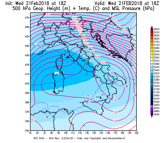 Mappa di analisi GFS - Geopotenziale [m] + Temp. [°C] a 500 hPa + Press. a livello del mare [hPa] in Italia
							del 21/02/2018 18 <!--googleoff: index-->UTC<!--googleon: index-->