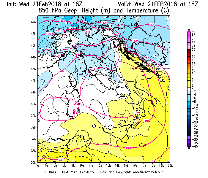 Mappa di analisi GFS - Geopotenziale [m] e Temperatura [°C] a 850 hPa in Italia
							del 21/02/2018 18 <!--googleoff: index-->UTC<!--googleon: index-->
