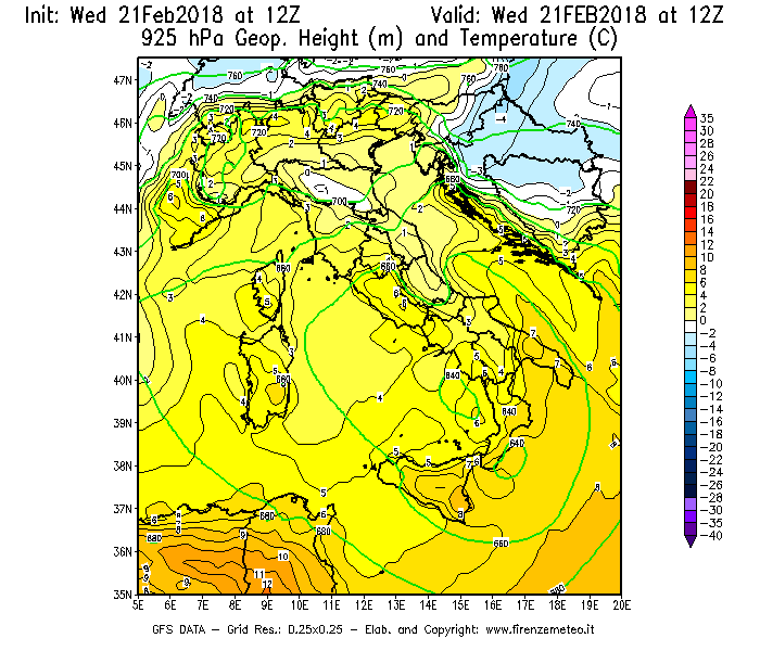 Mappa di analisi GFS - Geopotenziale [m] e Temperatura [°C] a 925 hPa in Italia
									del 21/02/2018 12 <!--googleoff: index-->UTC<!--googleon: index-->