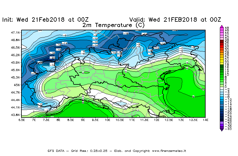 Mappa di analisi GFS - Temperatura a 2 metri dal suolo [°C] in Nord-Italia
							del 21/02/2018 00 <!--googleoff: index-->UTC<!--googleon: index-->