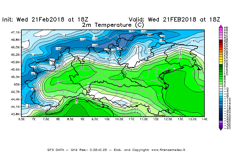 Mappa di analisi GFS - Temperatura a 2 metri dal suolo [°C] in Nord-Italia
							del 21/02/2018 18 <!--googleoff: index-->UTC<!--googleon: index-->