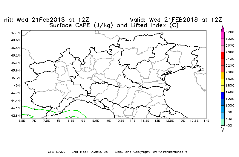 Mappa di analisi GFS - CAPE [J/kg] e Lifted Index [°C] in Nord-Italia
							del 21/02/2018 12 <!--googleoff: index-->UTC<!--googleon: index-->