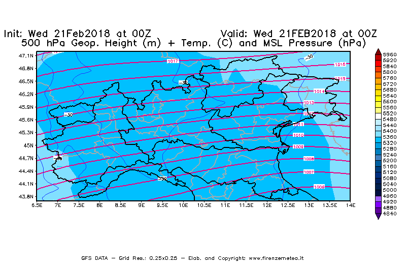 Mappa di analisi GFS - Geopotenziale [m] + Temp. [°C] a 500 hPa + Press. a livello del mare [hPa] in Nord-Italia
									del 21/02/2018 00 <!--googleoff: index-->UTC<!--googleon: index-->