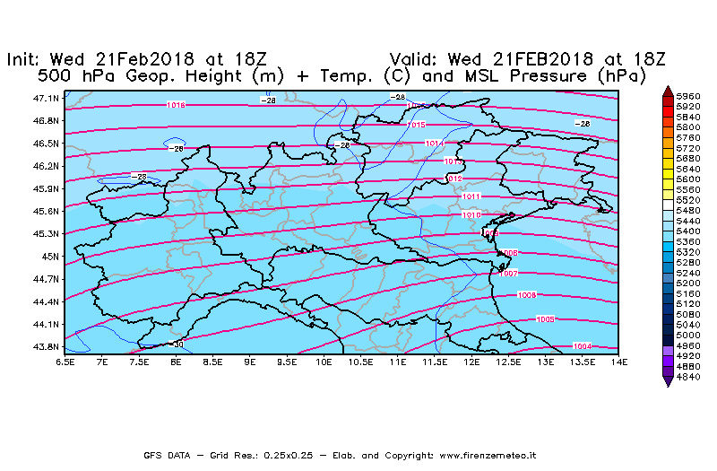 Mappa di analisi GFS - Geopotenziale [m] + Temp. [°C] a 500 hPa + Press. a livello del mare [hPa] in Nord-Italia
							del 21/02/2018 18 <!--googleoff: index-->UTC<!--googleon: index-->