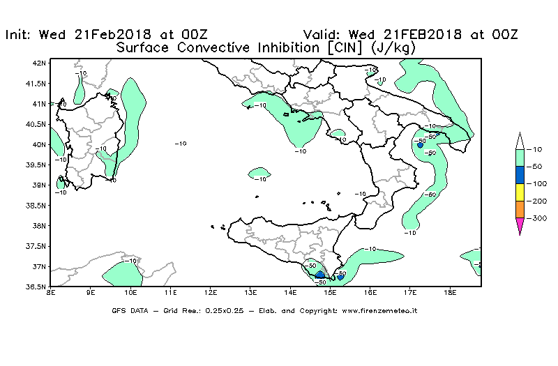 Mappa di analisi GFS - CIN [J/kg] in Sud-Italia
									del 21/02/2018 00 <!--googleoff: index-->UTC<!--googleon: index-->
