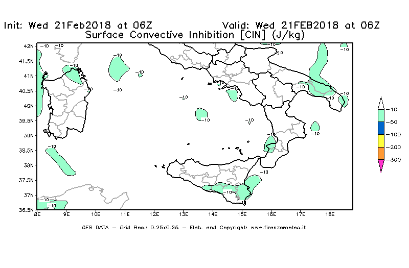 Mappa di analisi GFS - CIN [J/kg] in Sud-Italia
							del 21/02/2018 06 <!--googleoff: index-->UTC<!--googleon: index-->