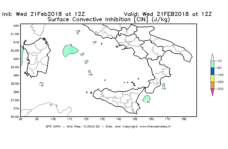 Mappa di analisi GFS - CIN [J/kg] in Sud-Italia
							del 21/02/2018 12 <!--googleoff: index-->UTC<!--googleon: index-->